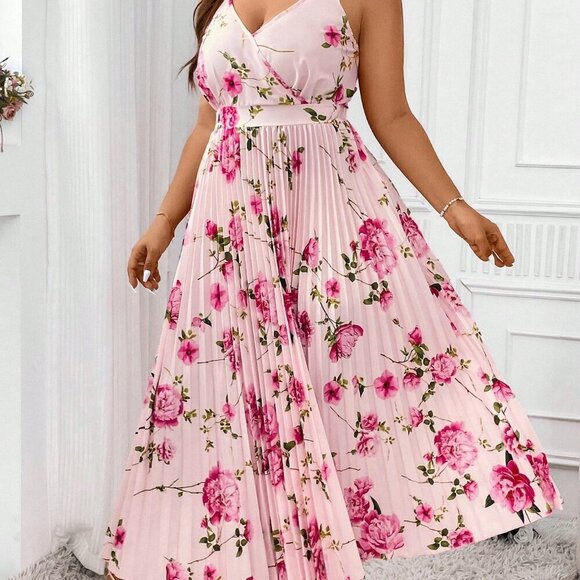 Pink Boho Women's Plus Size Floral Printed Pleated Sleeveless Cami Dress Outfit - Picture 7 of 7